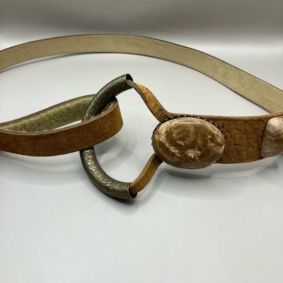 Other Accessories - Women’s Belt Leather Stones Metal Artisan Unique Tan Velcro Adjustable 41”